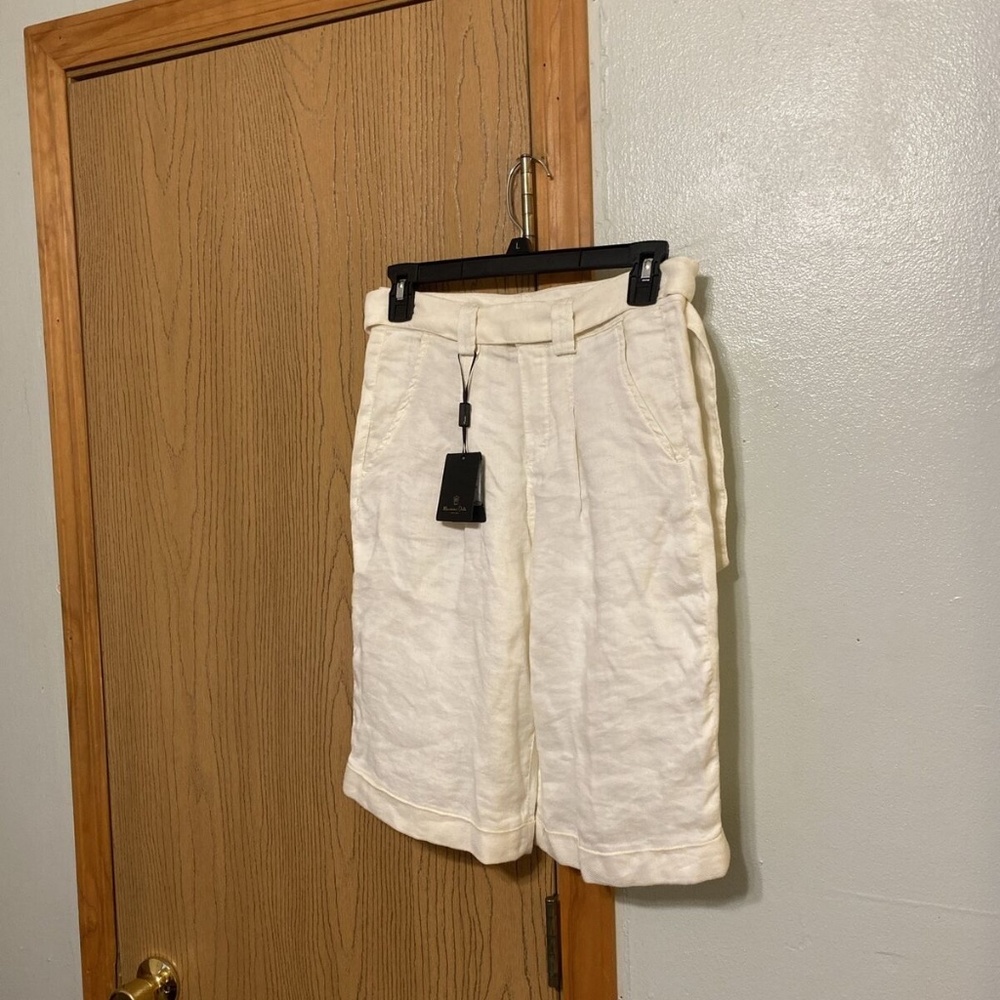 Massimo Dutti NWT Size 2 Solid Off-White Linen Blend Belted Bermuda Shorts